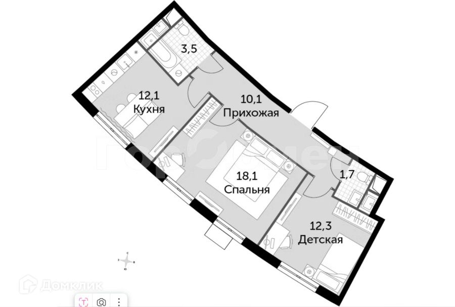 Продаётся 2-комнатная квартира, 57.9 м²