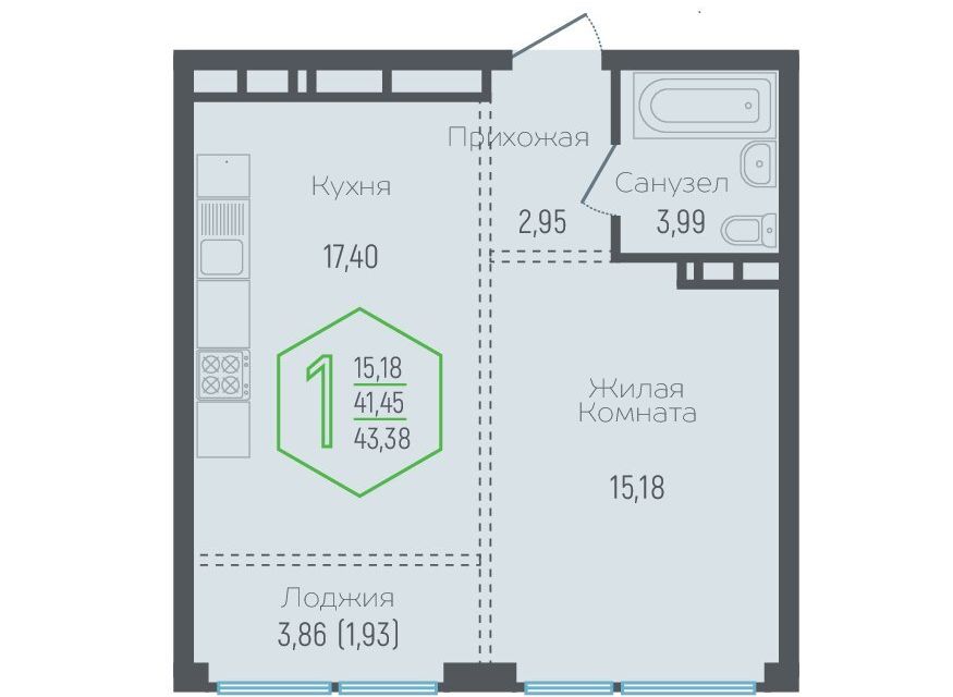 Продаётся 1-комнатная квартира, 41.45 м²
