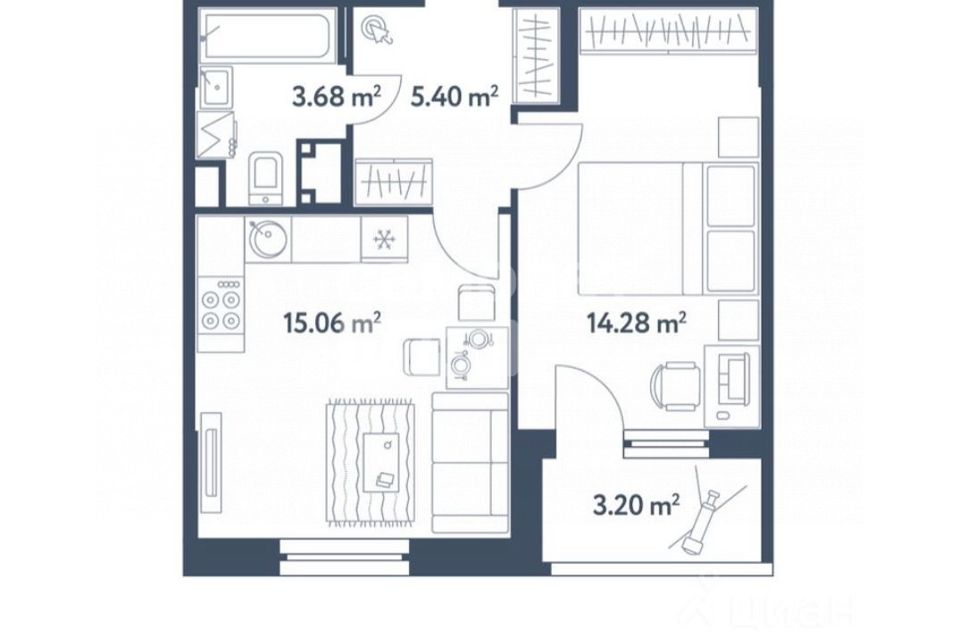 Продаётся 1-комнатная квартира, 40.02 м²