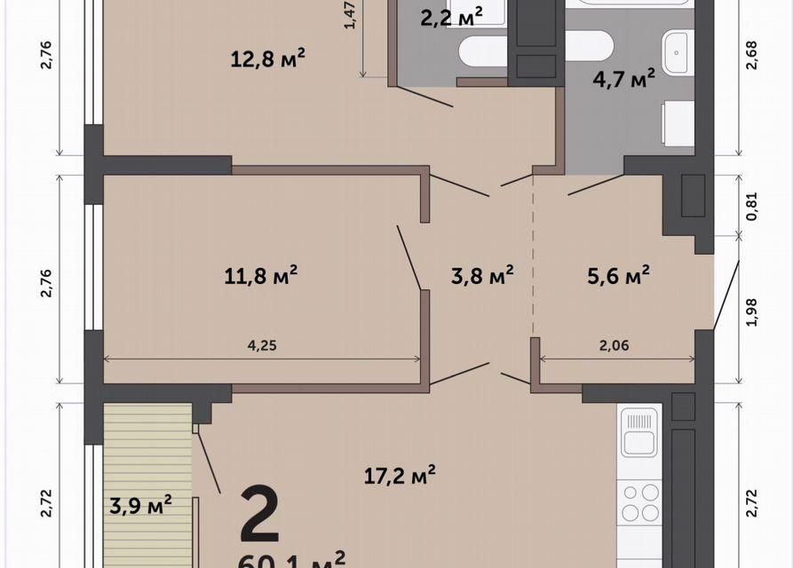 Продаётся 2-комнатная квартира, 60.1 м²