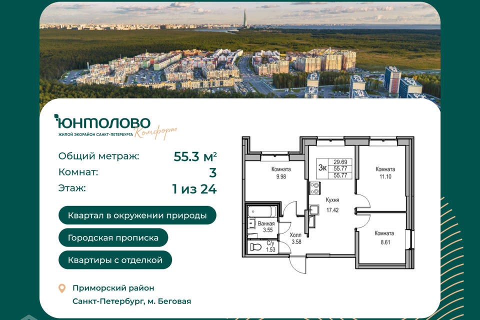 Продаётся 3-комнатная квартира, 55.3 м²