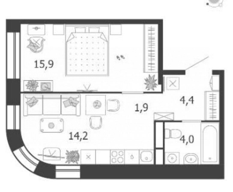 Продаётся 1-комнатная квартира, 40.4 м²