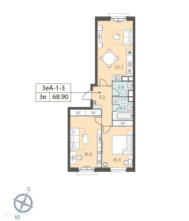 Продаётся 2-комнатная квартира, 68.9 м²