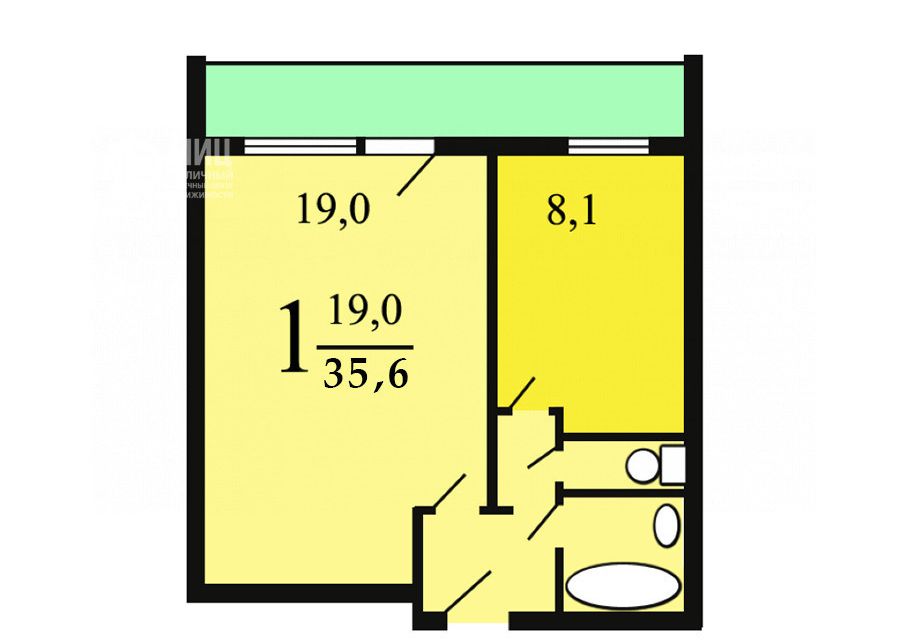 Продаётся 1-комнатная квартира, 35.6 м²