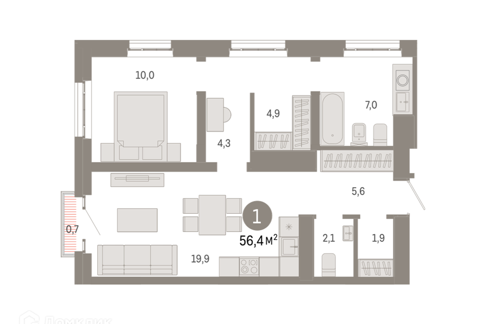 Продаётся 1-комнатная квартира, 56.4 м²