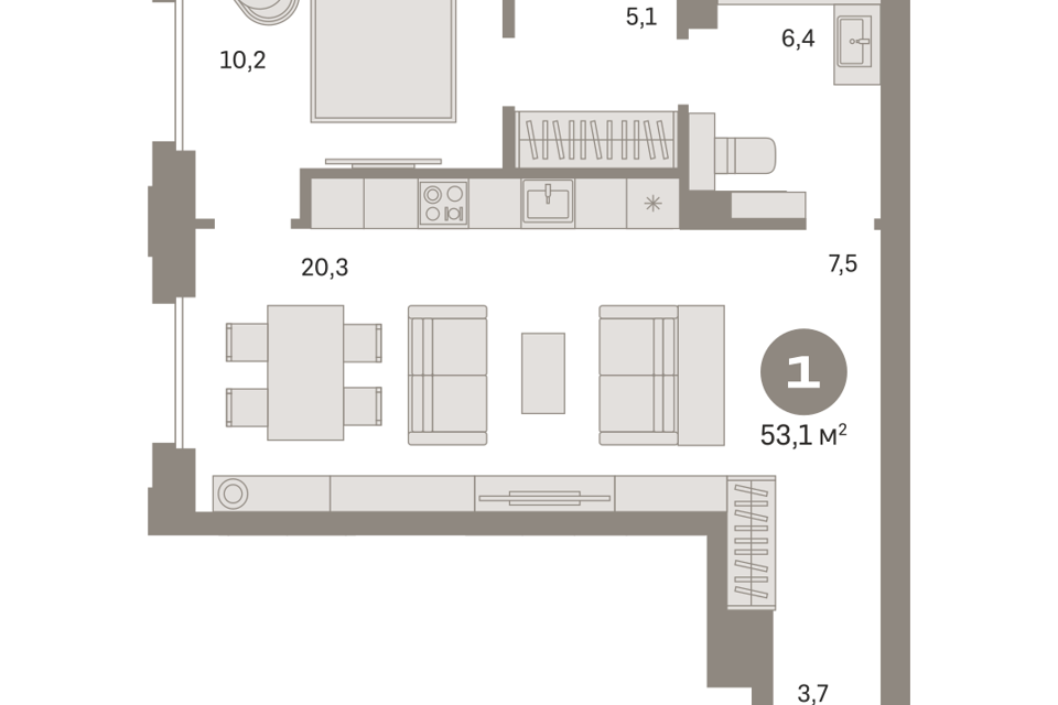 Продаётся 1-комнатная квартира, 53.22 м²