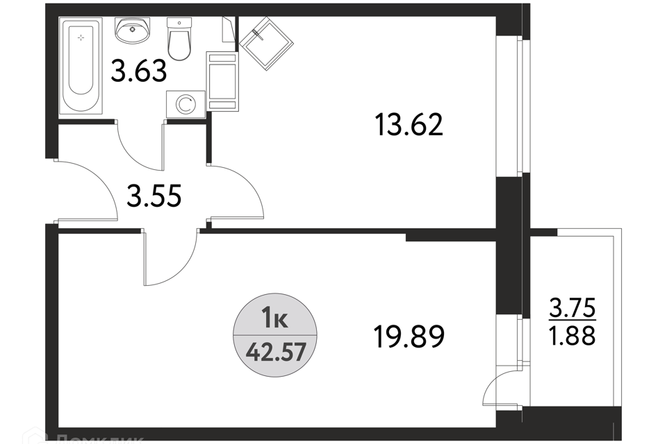 Продаётся 1-комнатная квартира, 42.57 м²