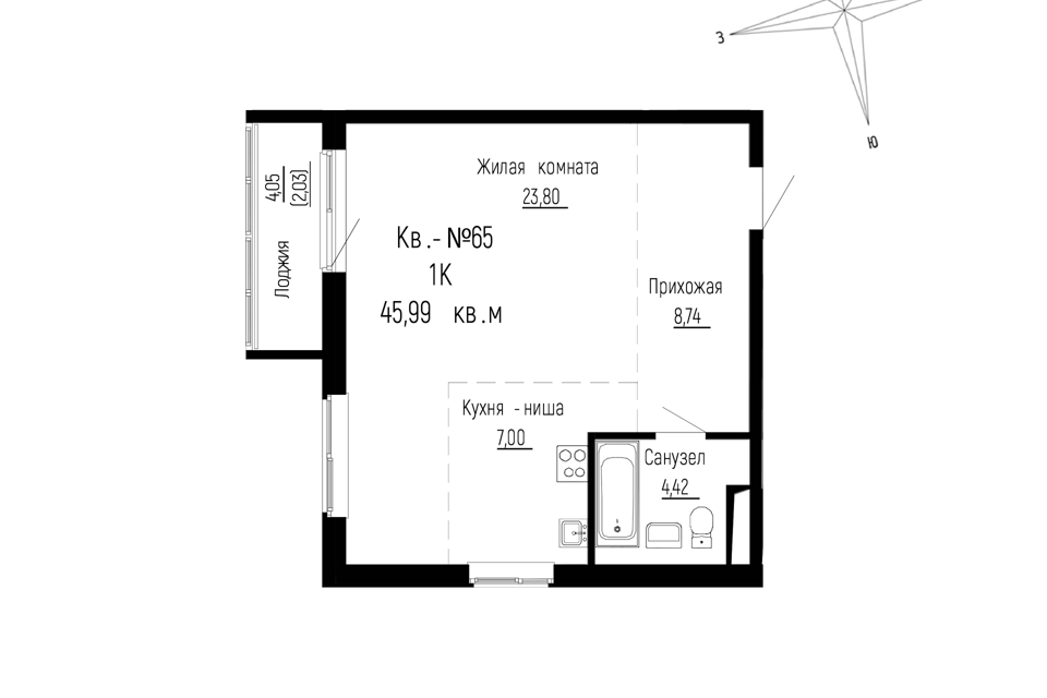 Продаётся 1-комнатная квартира, 45.99 м²