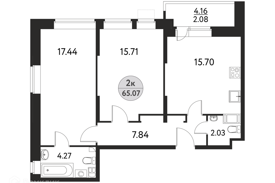 Продаётся 2-комнатная квартира, 65.07 м²