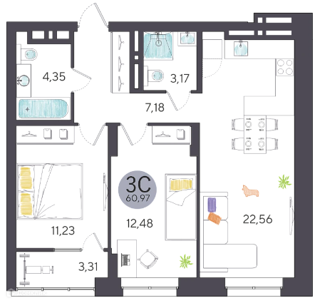 Продаётся 3-комнатная квартира, 60.97 м²