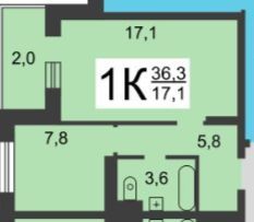 Продаётся 1-комнатная квартира, 37 м²