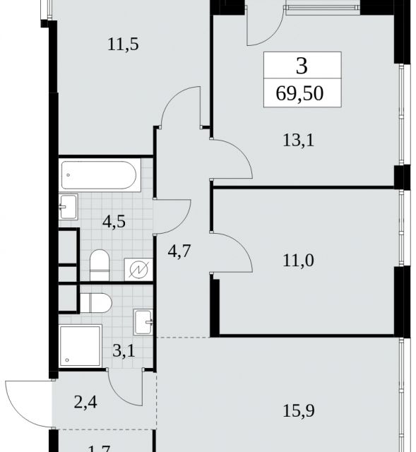 Продаётся 3-комнатная квартира, 69.5 м²