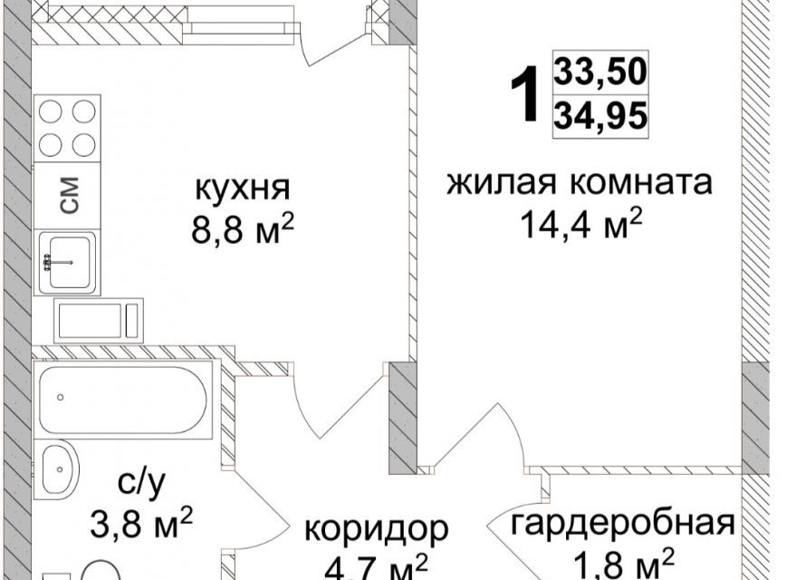 Продаётся 1-комнатная квартира, 34.55 м²