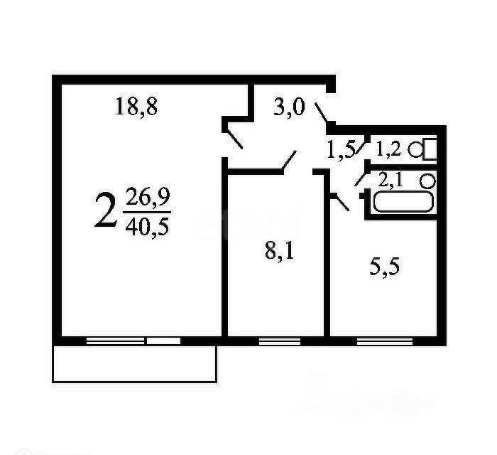 Продаётся 2-комнатная квартира, 40.5 м²