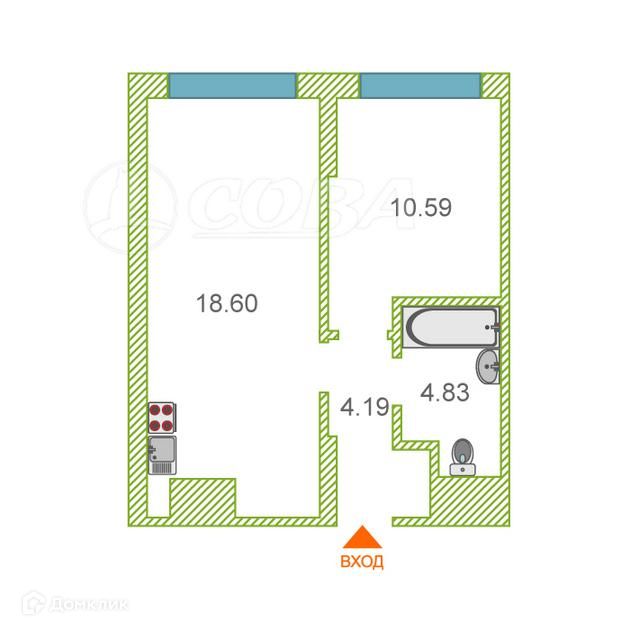 Продаётся 1-комнатная квартира, 38.2 м²