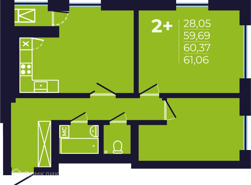 Продаётся 2-комнатная квартира, 60.5 м²