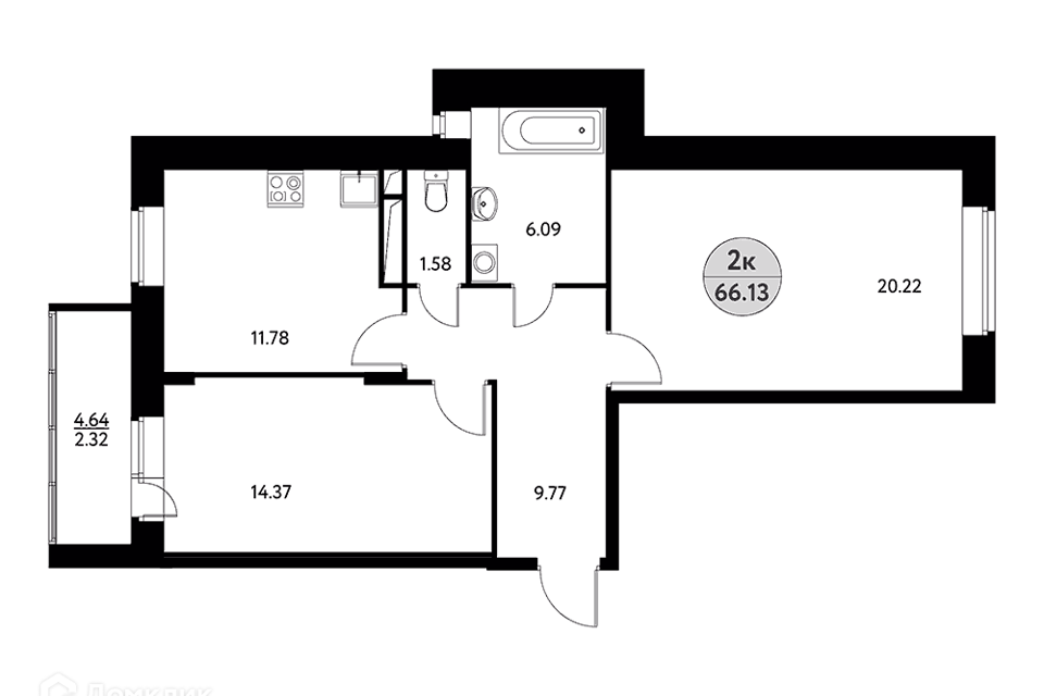 Продаётся 2-комнатная квартира, 66.13 м²