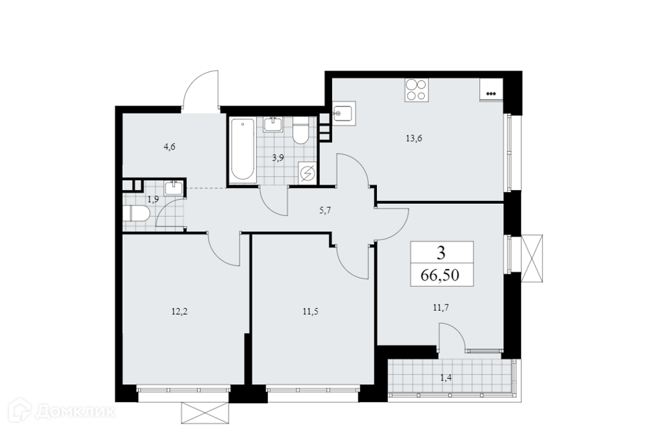 Продаётся 3-комнатная квартира, 66.5 м²