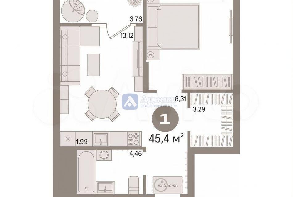 Продаётся 1-комнатная квартира, 45.4 м²