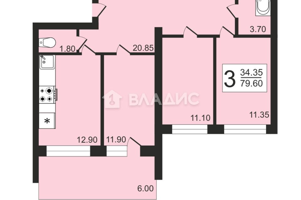 Продаётся 3-комнатная квартира, 76.4 м²