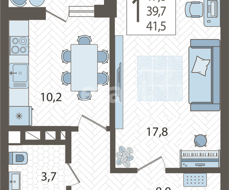 Продаётся 1-комнатная квартира, 41.5 м²