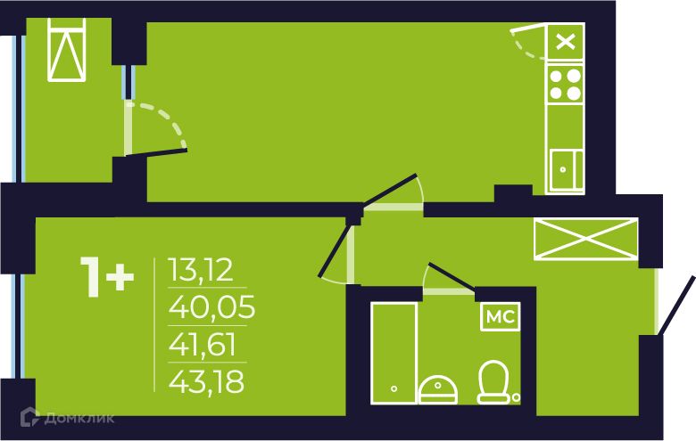 Продаётся 1-комнатная квартира, 41.4 м²