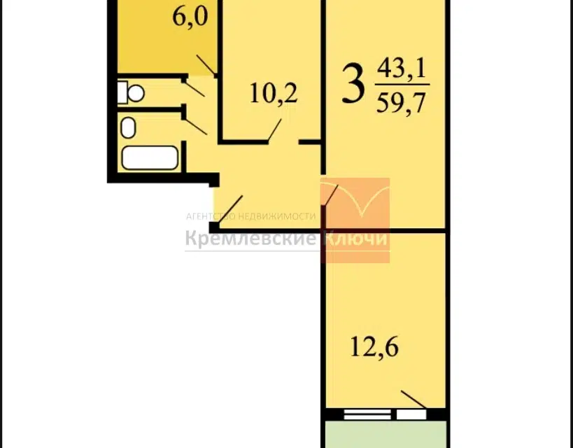 Продаётся 3-комнатная квартира, 59 м²