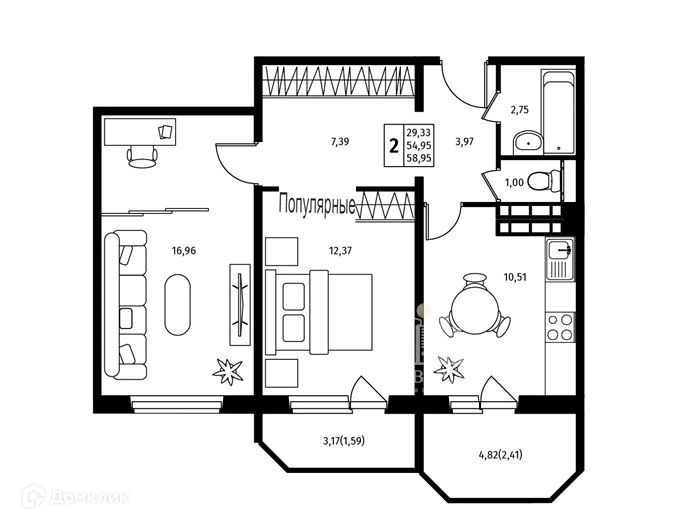 Продаётся 2-комнатная квартира, 59 м²