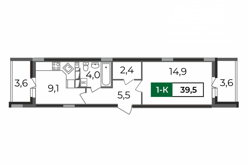 Продаётся 1-комнатная квартира, 39.5 м²