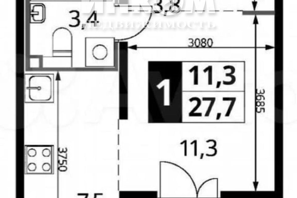 Продаётся 1-комнатная квартира, 27.7 м²