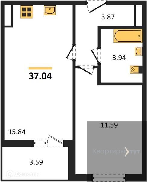 Продаётся 1-комнатная квартира, 37.04 м²