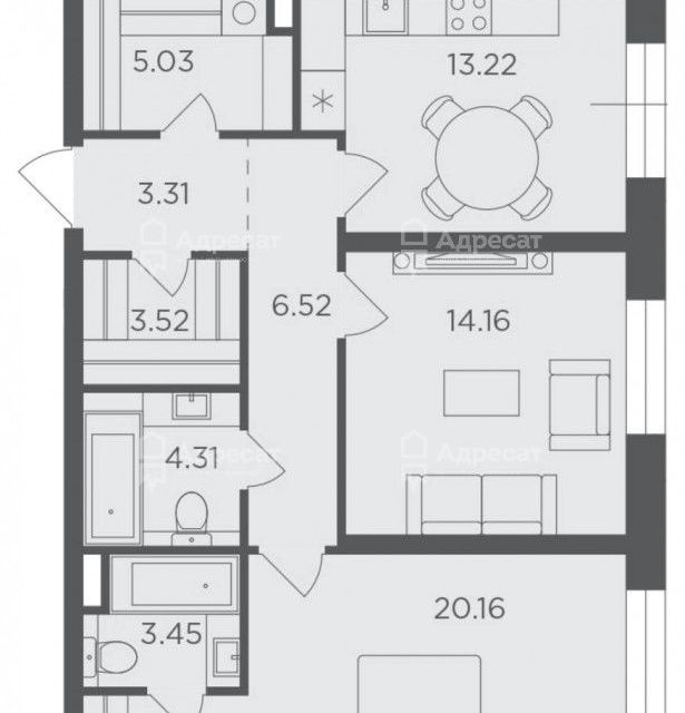 Продаётся 2-комнатная квартира, 73.68 м²