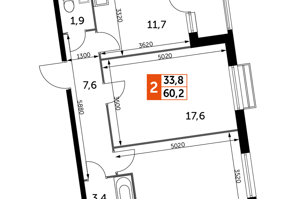 Продаётся 2-комнатная квартира, 60.2 м²