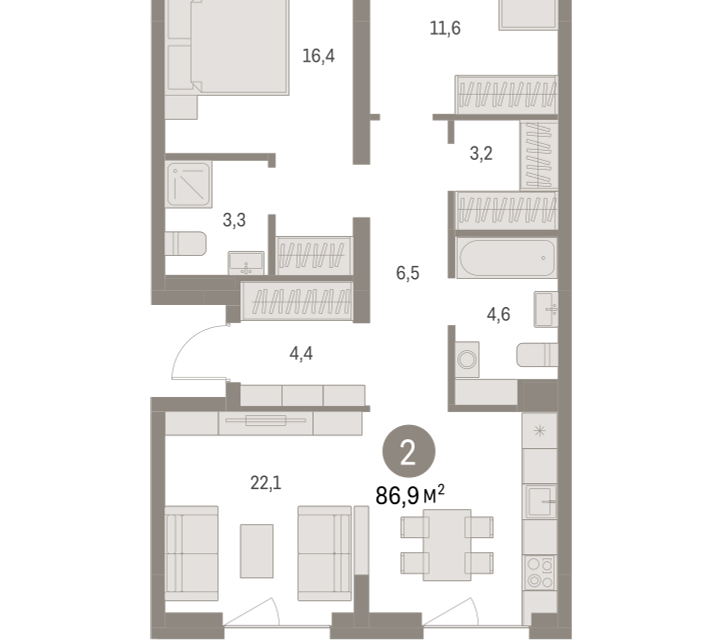 Продаётся 2-комнатная квартира, 86.92 м²