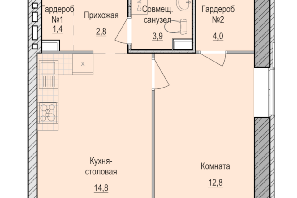 Продаётся 1-комнатная квартира, 39.7 м²