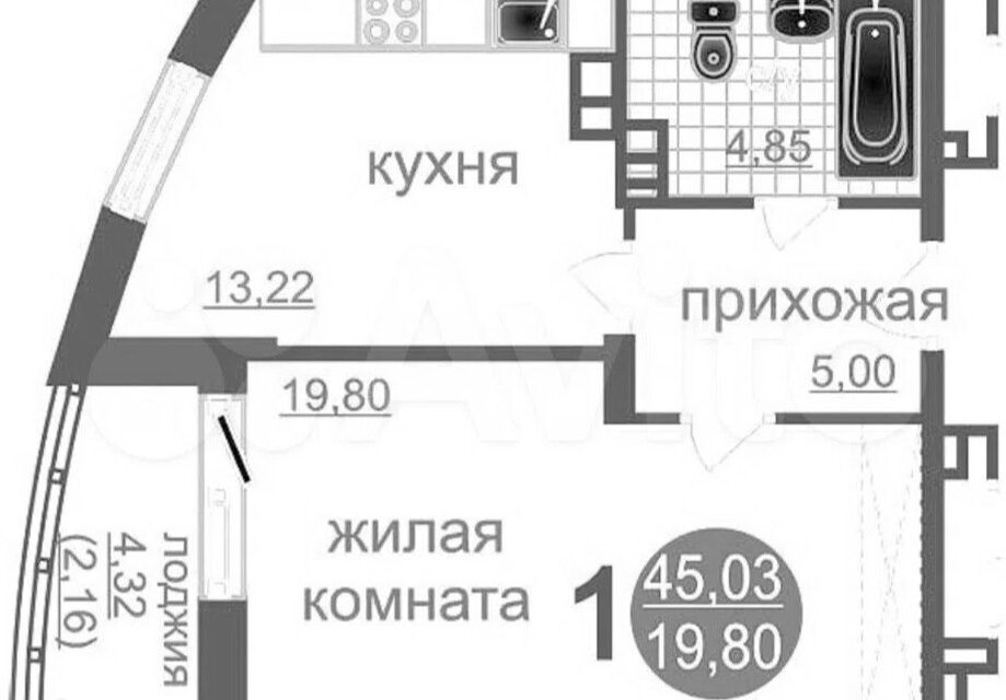 Продаётся 1-комнатная квартира, 45.03 м²