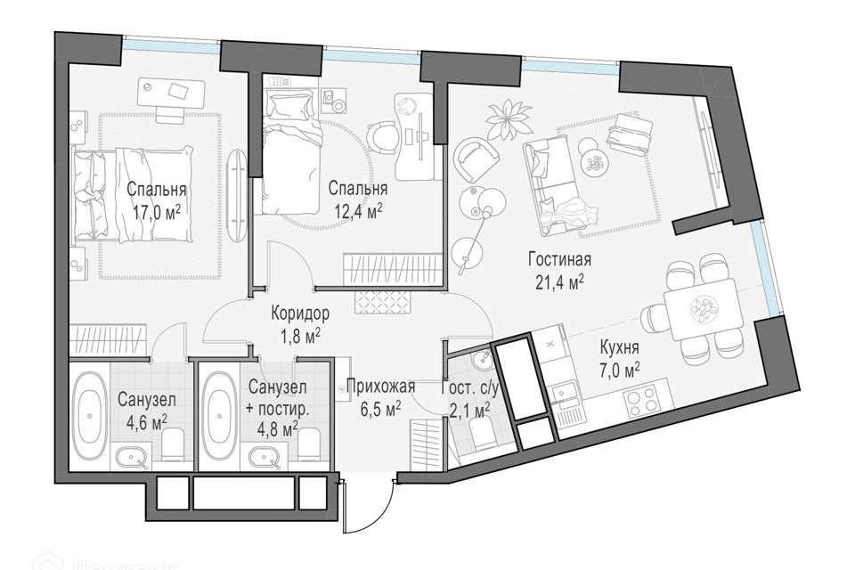 Продаётся 2-комнатная квартира, 77.6 м²