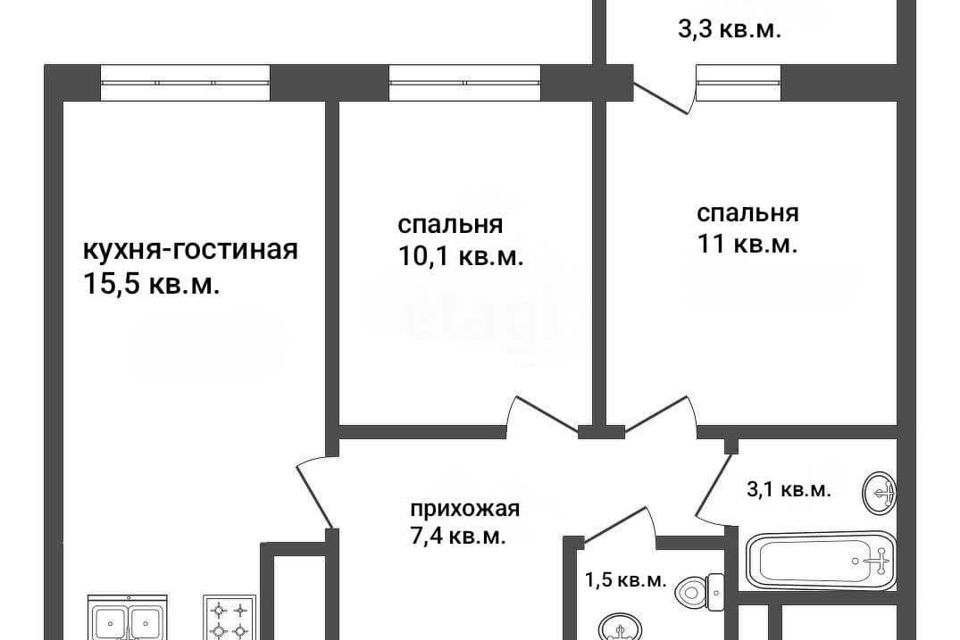 Продаётся 2-комнатная квартира, 48.6 м²
