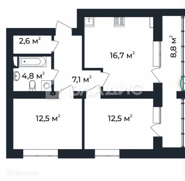 Продаётся 2-комнатная квартира, 60.6 м²