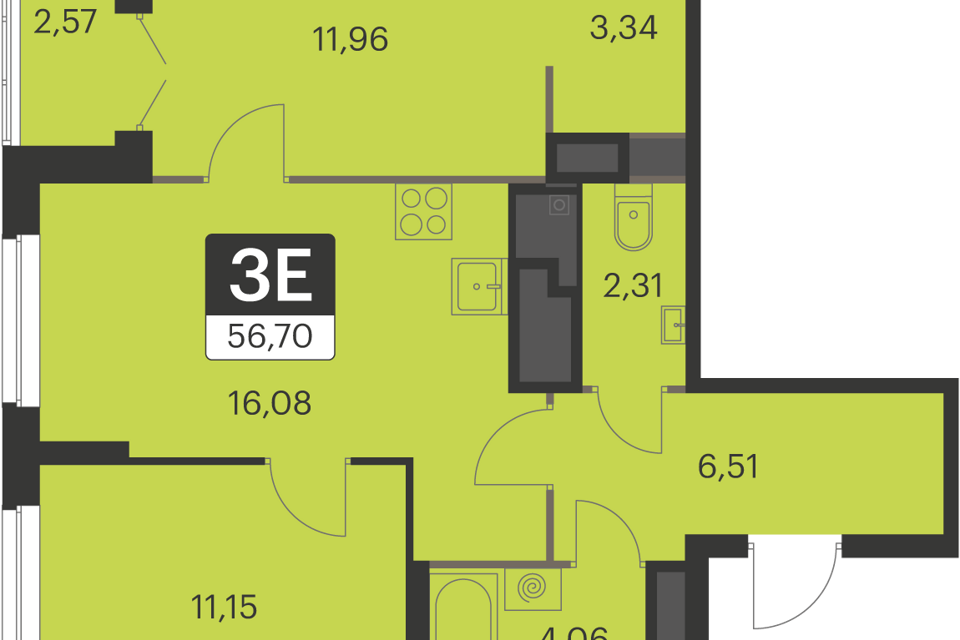 Продаётся 2-комнатная квартира, 56.6 м²