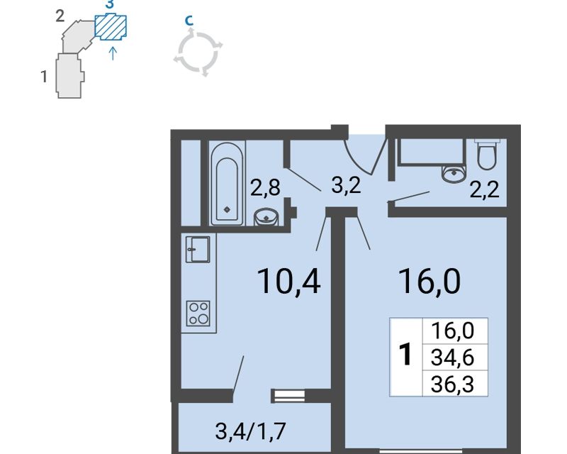 Продаётся 1-комнатная квартира, 36.3 м²