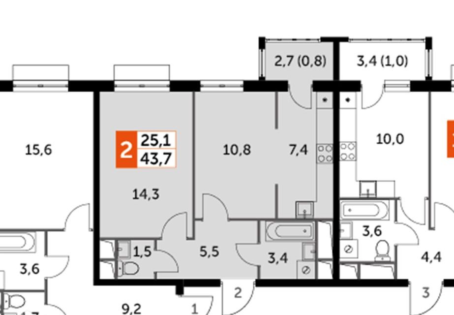 Продаётся 2-комнатная квартира, 43.7 м²