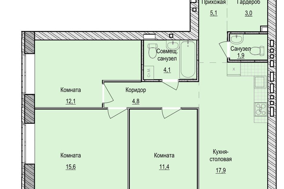 Продаётся 3-комнатная квартира, 75.9 м²
