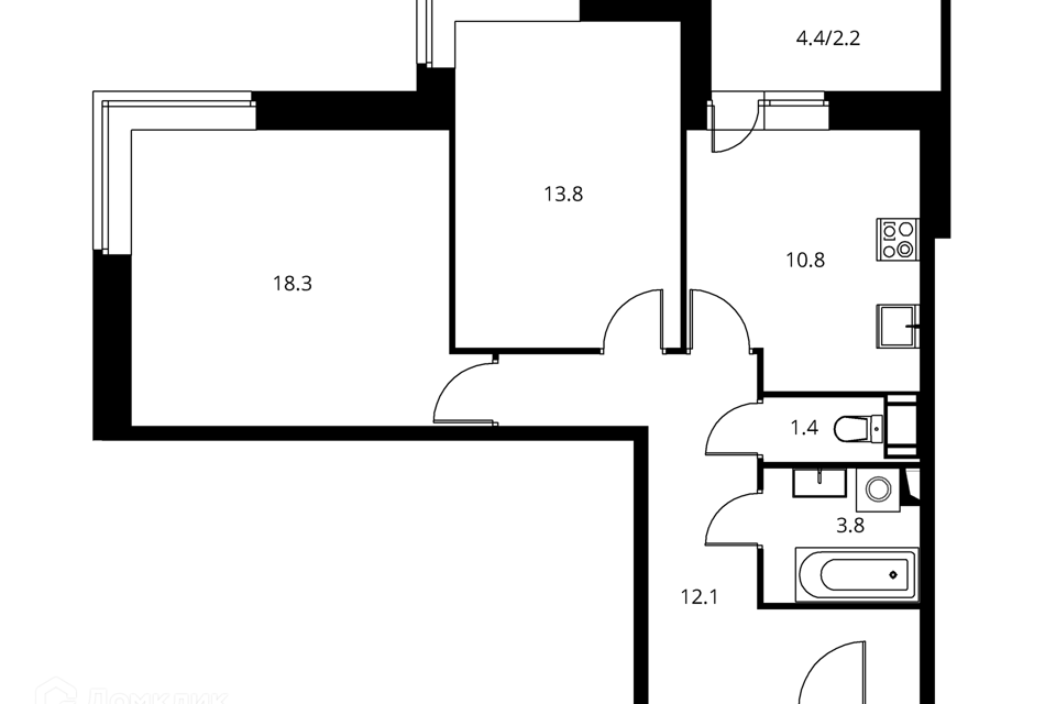 Продаётся 2-комнатная квартира, 62.39 м²
