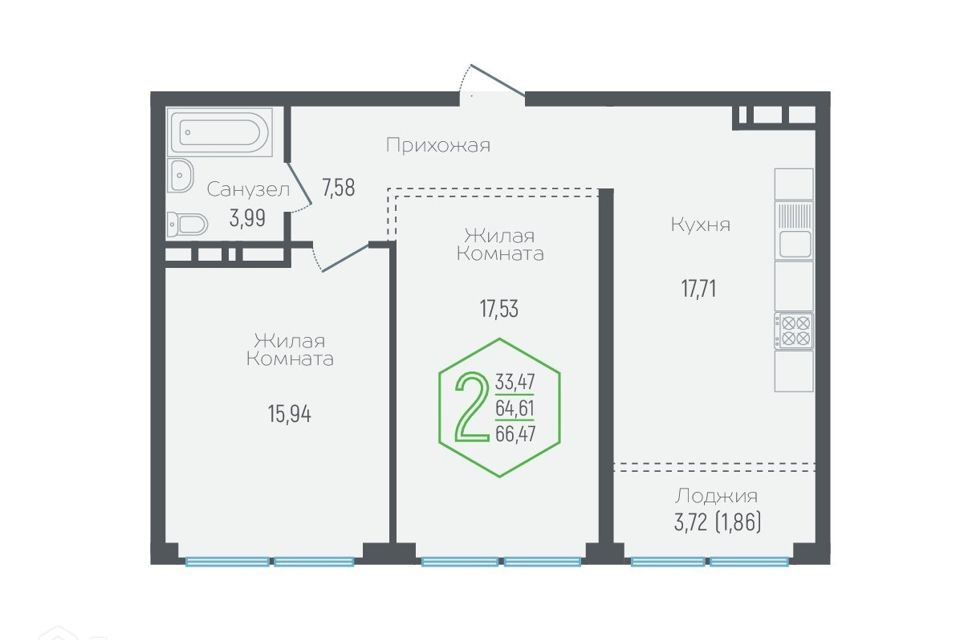 Продаётся 2-комнатная квартира, 66.3 м²