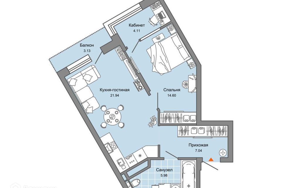 Продаётся 1-комнатная квартира, 55 м²