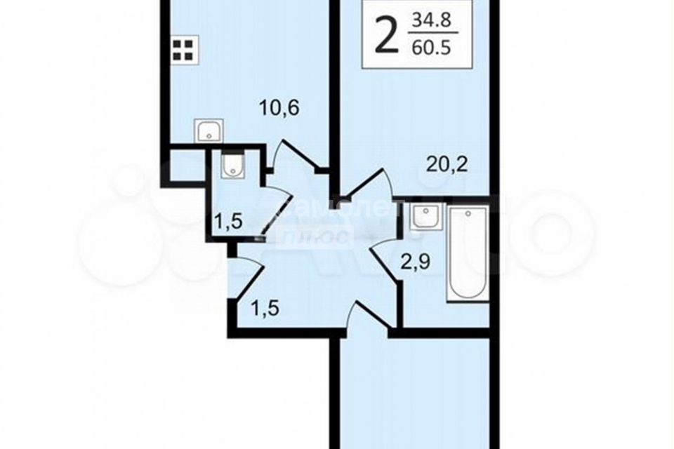 Продаётся 2-комнатная квартира, 60.5 м²