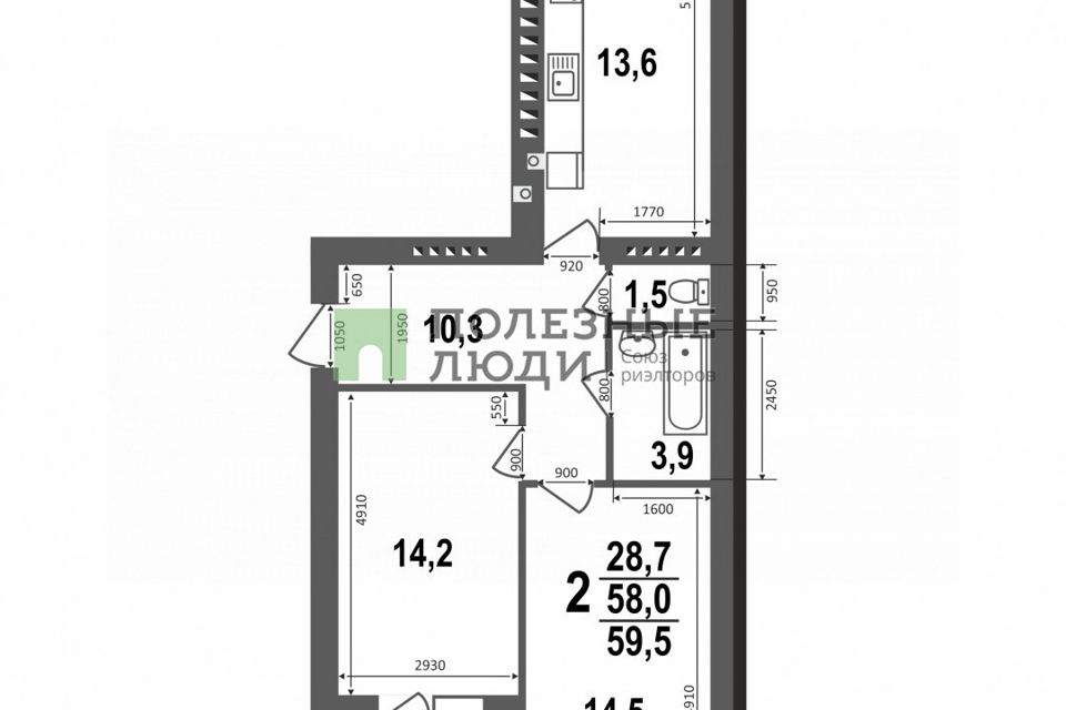 Продаётся 2-комнатная квартира, 59.5 м²