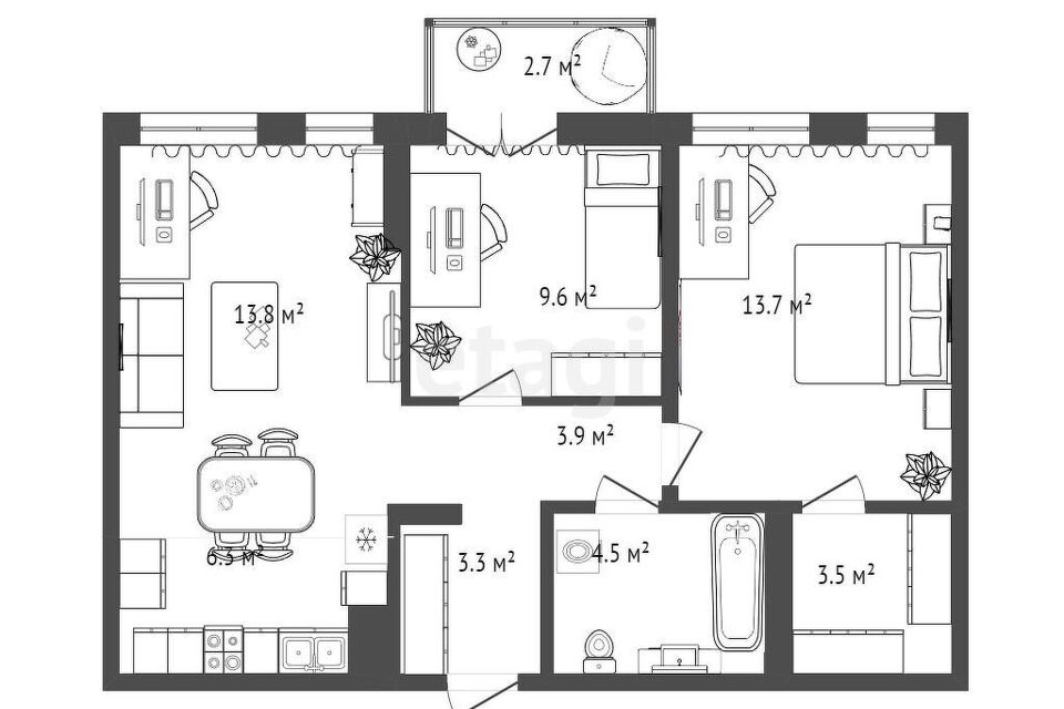 Продаётся 2-комнатная квартира, 61.74 м²