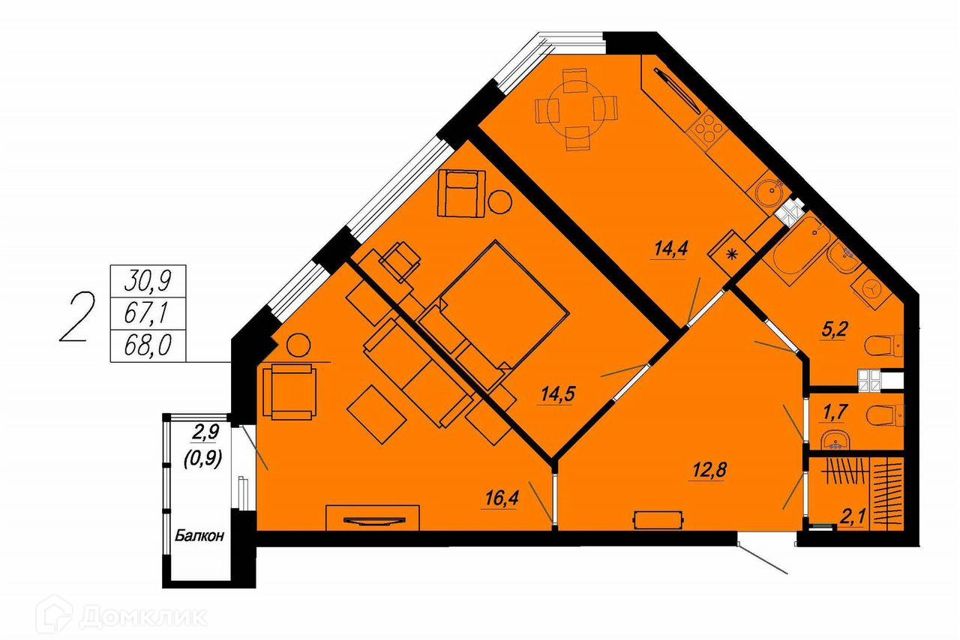 Продаётся 2-комнатная квартира, 65.6 м²
